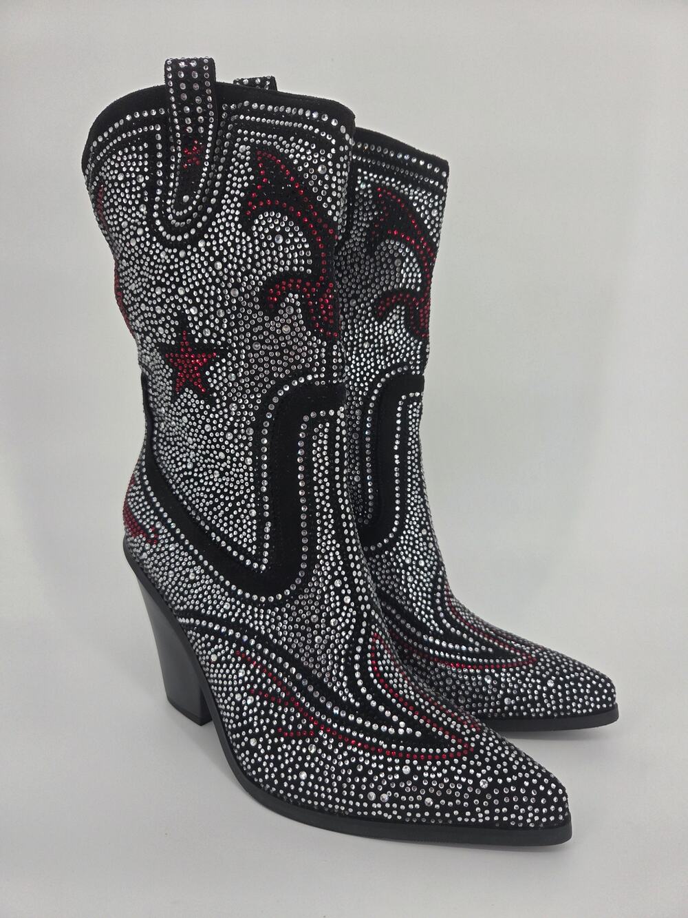NEW Azalea Wang Akira Catte Star Black Rhinestone Heeled Cowboy Boots Size 10